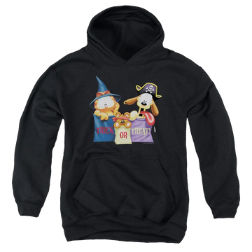 Black youth hoodie for ages 8 to 12 with Garfield Grab Bags graphic