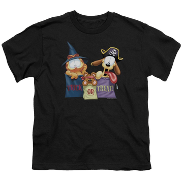 Black youth t-shirt for ages 8 to 12 with Garfield Grab Bags graphic