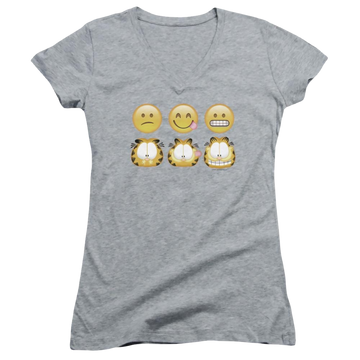 Athletic heather juniors v-neck t-shirt with Garfield Emojis graphic