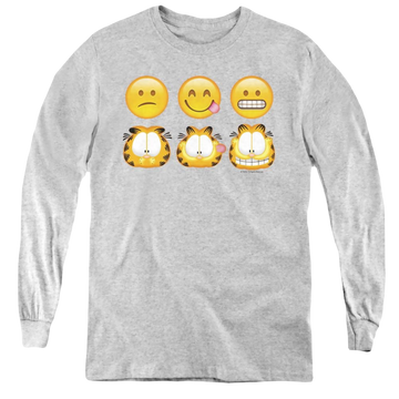 Athletic heather youth long sleeve t-shirt with Garfield Emojis graphic