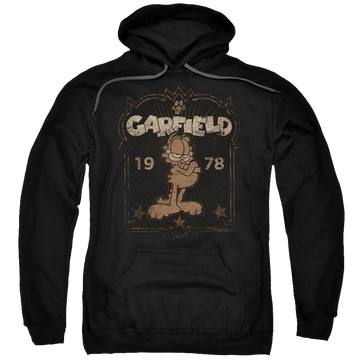 Black pullover hoodie with Garfield Est 1978 graphic