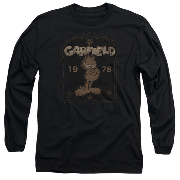 Black men's long sleeve t-shirt with Garfield Est 1978 graphic