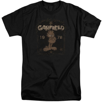 Black men's tall fit t-shirt with Garfield Est 1978 graphic