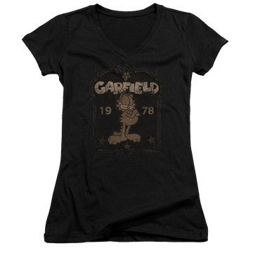 Black juniors v-neck t-shirt with Garfield Est 1978 graphic