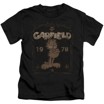 Black kid's t-shirt for ages 4 to 7 with Garfield Est 1978 graphic
