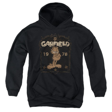 Black youth hoodie for ages 8 to 12 with Garfield Est 1978 graphic