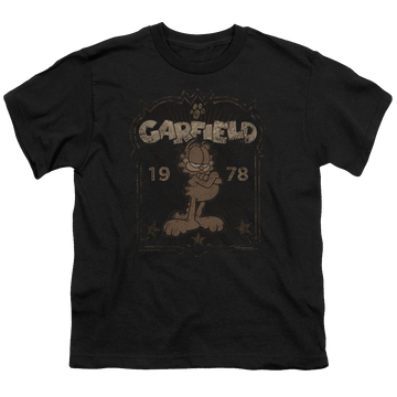 Black youth t-shirt for ages 8 to 12 with Garfield Est 1978 graphic