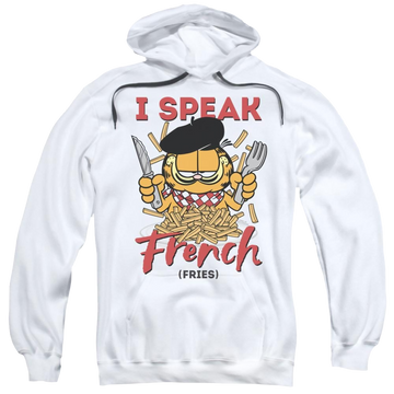 White pullover hoodie with Garfield Speaking Love graphic