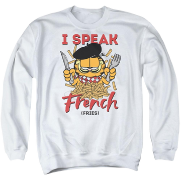 White men's crewneck sweatshirt with Garfield Speaking Love graphic