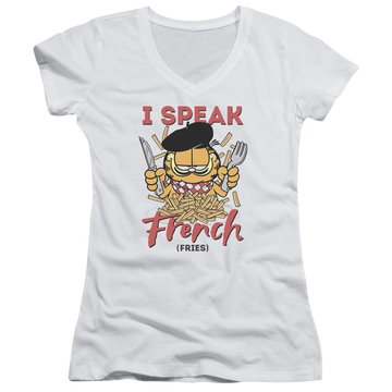 White juniors v-neck t-shirt with Garfield Speaking Love graphic