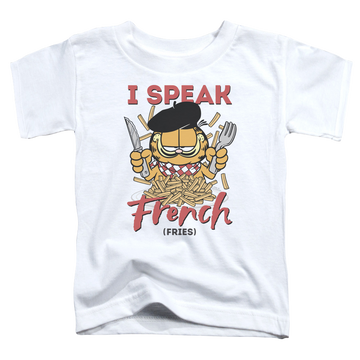 White kid's t-shirt for ages 4 to 7 with Garfield Speaking Love graphic