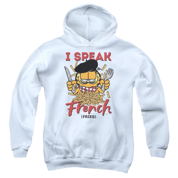 White youth hoodie for ages 8 to 12 with Garfield Speaking Love graphic