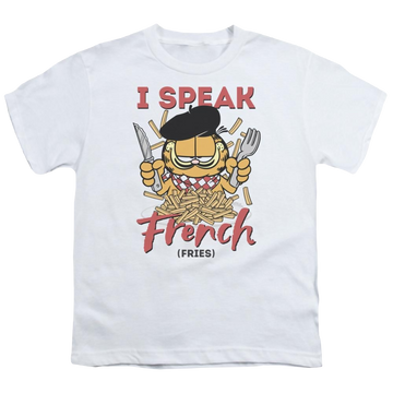 White youth t-shirt for ages 8 to 12 with Garfield Speaking Love graphic