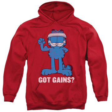 Red pullover hoodie with Garfield Got Gains graphic