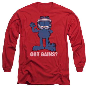 Red men's long sleeve t-shirt with Garfield Got Gains graphic