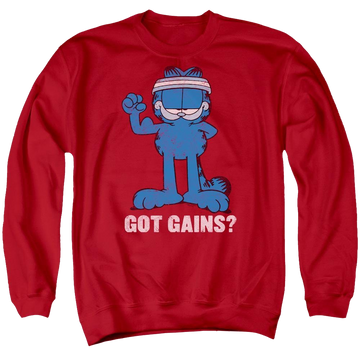 Red men's crewneck sweatshirt with Garfield Got Gains graphic