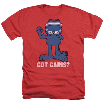Red men's heather t-shirt with Garfield Got Gains graphic