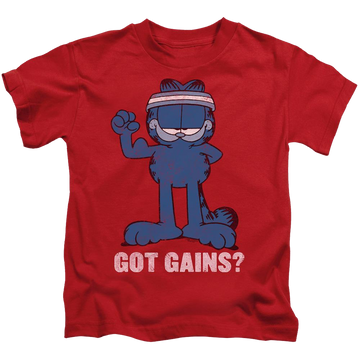 Red kid's t-shirt for ages 4 to 7 with Garfield Got Gains graphic