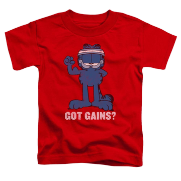Red toddler t-shirt with Garfield Got Gains graphic