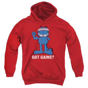 Red youth hoodie for ages 8 to 12 with Garfield Got Gains graphic