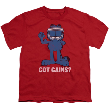 Red youth t-shirt for ages 8 to 12 with Garfield Got Gains graphic