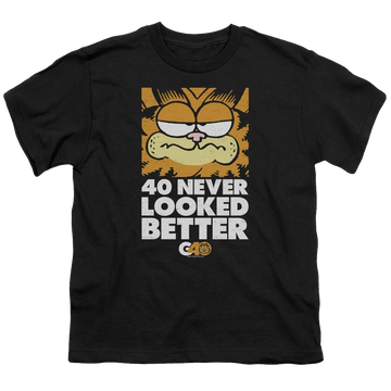 Black youth t-shirt for ages 8 to 12 with Garfield 40 Looks graphic