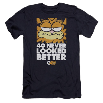 Navy men's premium slim fit t-shirt with Garfield 40 Looks graphic