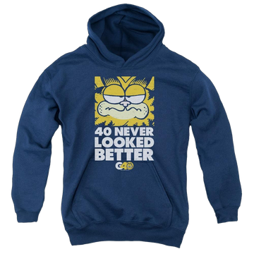 Navy youth hoodie for ages 8 to 12 with Garfield 40 Looks graphic