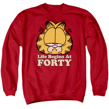 Red men's crewneck sweatshirt with Garfield Life Begins At Forty graphic