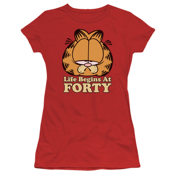 Red juniors t-shirt with Garfield Life Begins At Forty graphic