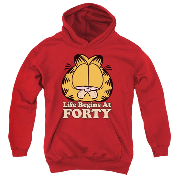Red youth hoodie for ages 8 to 12 with Garfield Life Begins At Forty graphic