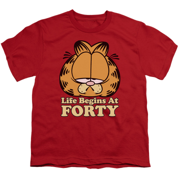 Red youth t-shirt for ages 8 to 12 with Garfield Life Begins At Forty graphic