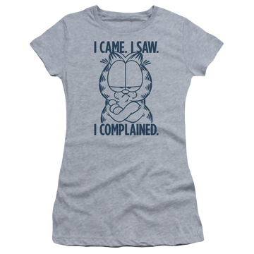 Athletic heather juniors t-shirt with Garfield I Complained graphic