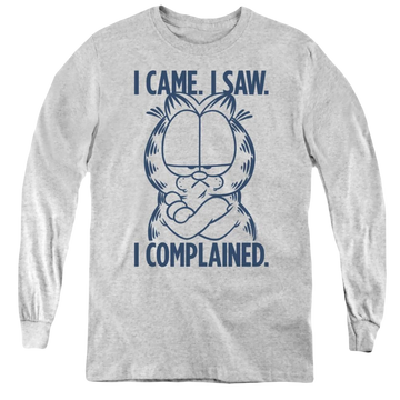 Athletic heather youth long sleeve t-shirt with Garfield I Complained graphic