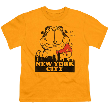Gold youth t-shirt for ages 8 to 12 with Garfield Big Apple graphic