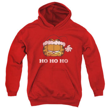 Red youth hoodie for ages 8 to 12 with Garfield Ho Ho graphic