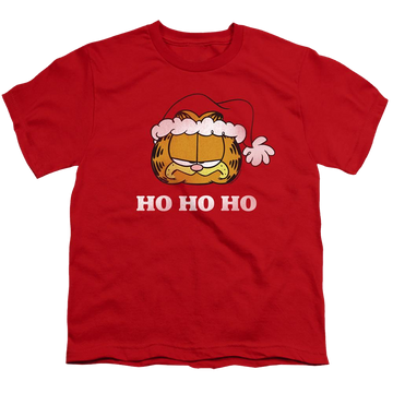 Red youth t-shirt for ages 8 to 12 with Garfield Ho Ho graphic