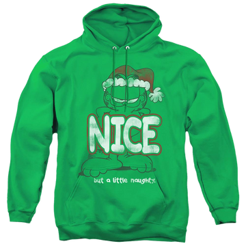Kelly green pullover hoodie with Garfield A Little Naughty graphic