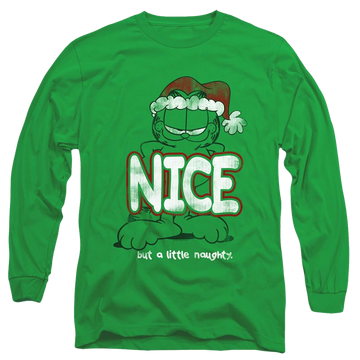 Kelly green men's long sleeve t-shirt with Garfield A Little Naughty graphic