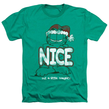 Kelly green men's heather t-shirt with Garfield A Little Naughty graphic