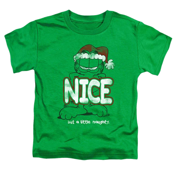 Kelly green toddler t-shirt with Garfield A Little Naughty graphic