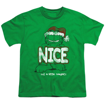 Kelly green youth t-shirt for ages 8 to 12 with Garfield A Little Naughty graphic