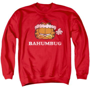 Red men's crewneck sweatshirt with Garfield Bahumbug graphic