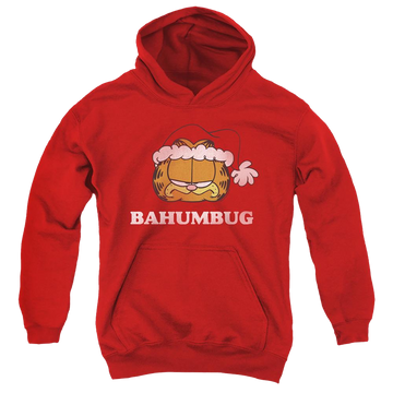 Red youth hoodie for ages 8 to 12 with Garfield Bahumbug graphic