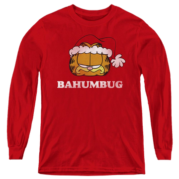 Red youth long sleeve t-shirt with Garfield Bahumbug graphic