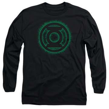 Black men's long sleeve t-shirt with Green Lantern Green Flame Logo graphic