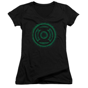 Black juniors v-neck t-shirt with Green Lantern Green Flame Logo graphic