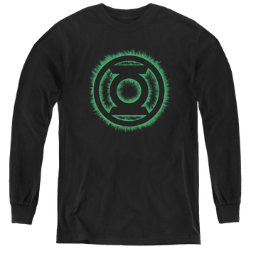 Black youth long sleeve t-shirt with Green Lantern Green Flame Logo graphic