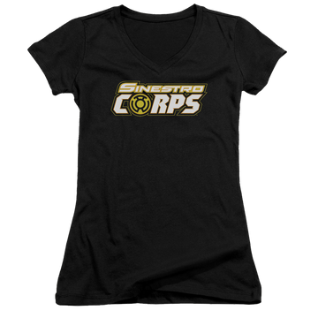Black juniors v-neck t-shirt with Green Lantern Sinestro Corps Logo graphic