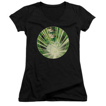Black juniors v-neck t-shirt with Green Lantern Light Em Up graphic